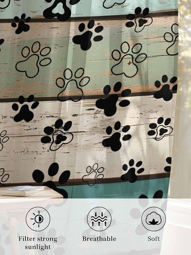 Sheer Curtains 96 Inches Long, Sage Green Brown Paw Prints Semi Sheer Curtains - Image 6