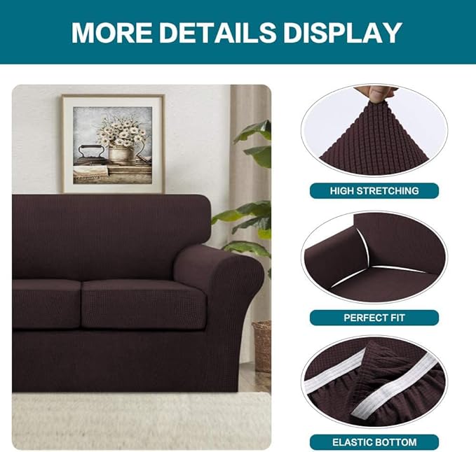 Turquoize 4 Piece Sofa Covers For 3 Cushion Couch Sofa Slipcover Soft Couch Cover For Dogs-Washable Sofa Furniture Covers With 3 Individual Cushion Covers Thick Jacquard Fabric (3 Cushion Sofa, Brown)