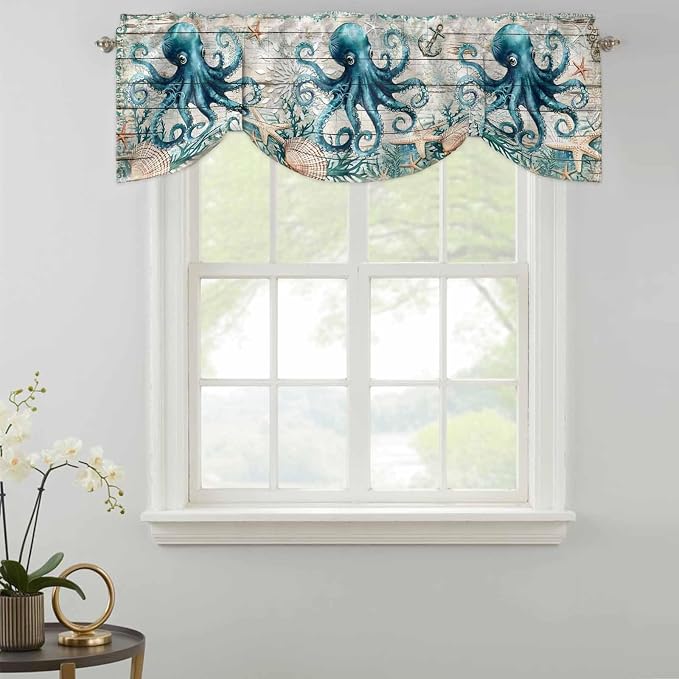 Sea Octopus Ocean Starfish Tie Up Valance Curtains, Nautical Anchor Vintage - Image 3