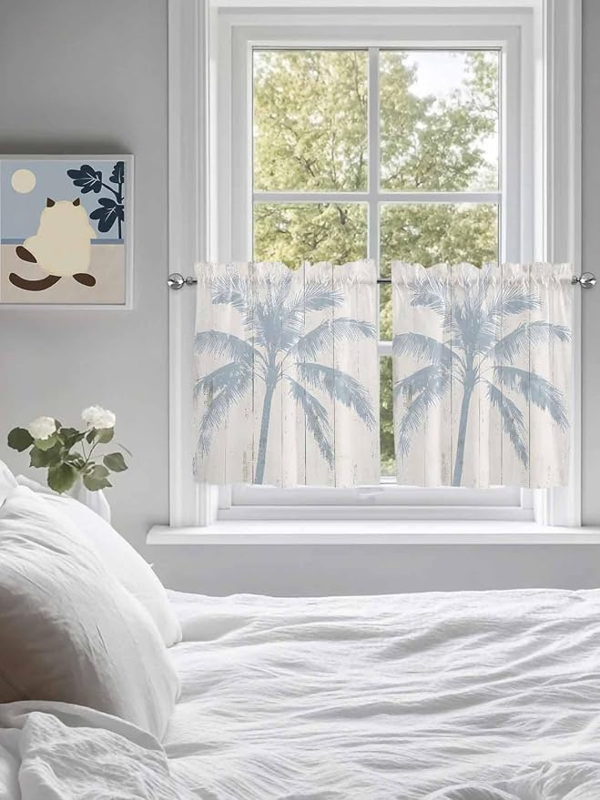 Summer Coconut Tree on Vintage Wood Grain Window Valance Curtains, Seaside - Image 3
