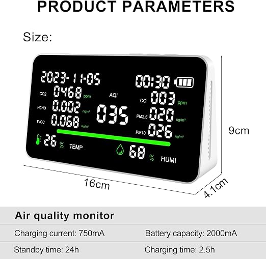 11-in-1 Air Quality Monitor, Indoor CO2/VOC/AQI/PM2.5/Thermometer/Humidity - Image 3