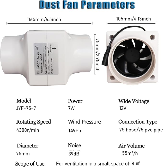 3 Inch Exhaust Inline Duct Fan 12V 7W Grow Tents Ventilation Exhaust Fan Low - Image 2