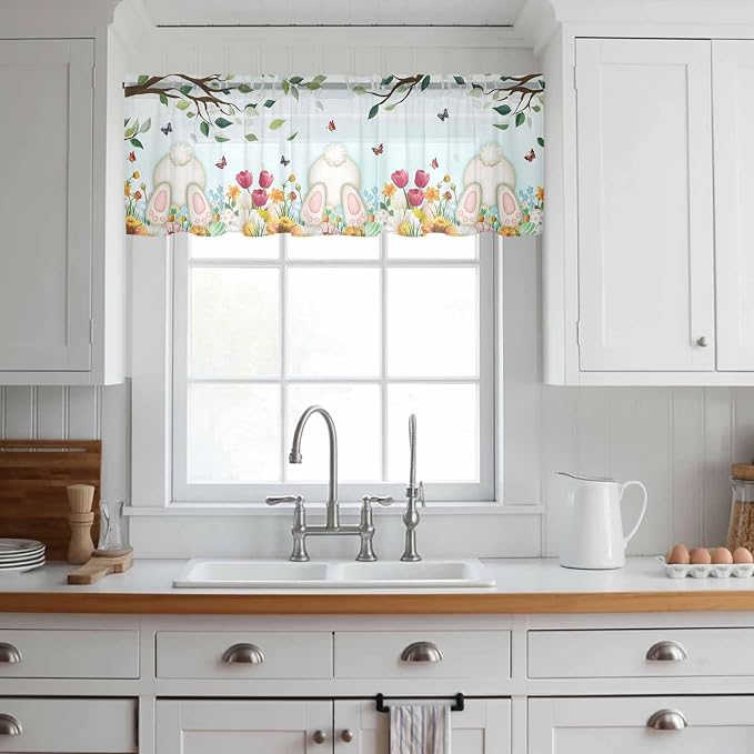 Easter Sheer Valances for Windows 60"x18", Light Filtering Kitchen Curtains - Image 3