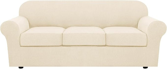 H.VERSAILTEX 4 Piece Stretch Sofa Covers for 3 Cushion Couch Covers for Living Room Furniture (Base Cover Plus 3 Seat Cushion Covers) Upgraded Thicker Jacquard Fabric (Sofa, Cream)