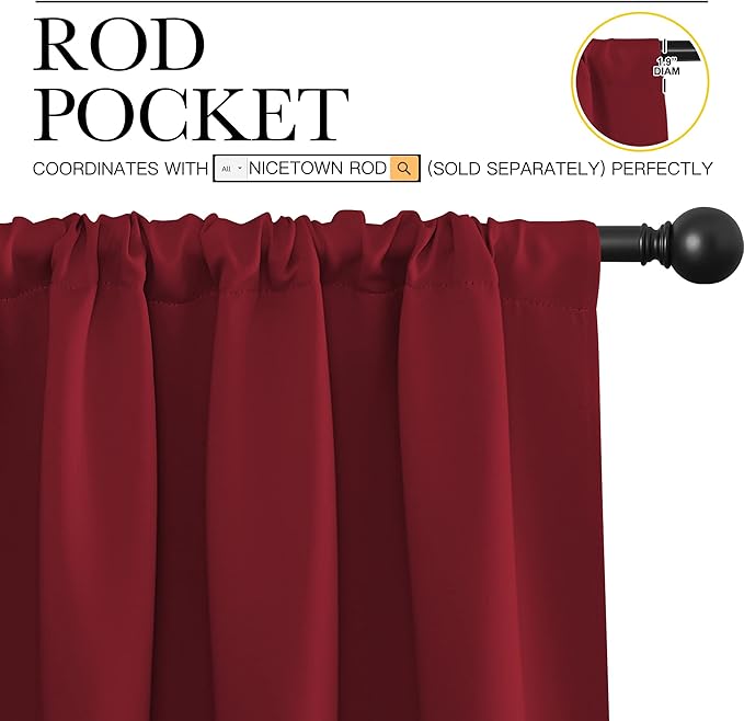 NICETOWN Christmas Patio Door Blackout Curtains, Noise Reducing Curtains and Drapes with Rod Pocket for Wide Window (62" Wide by 63" Long, Burgundy Red, 2 Panels)