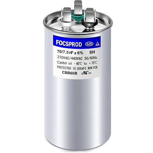 FOCSPROD 70+7.5 uF 75/7.5 MFD ±6% 370V/440V CBB65B AC Capacitor, Dual Run Round by FOCSPROD