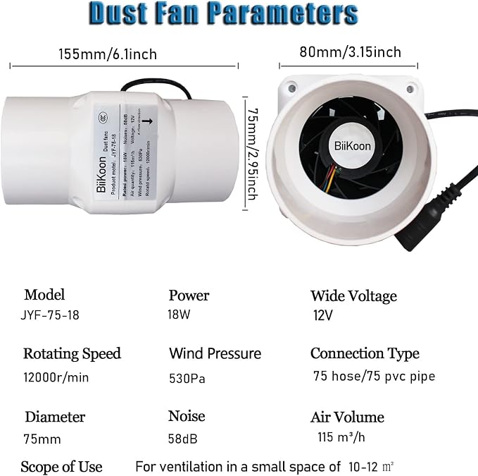 12V Inline Duct Fan 3 Inch 75Mm Ventilation Exhaust Booster 18W 68 Cfm Intake - Image 2