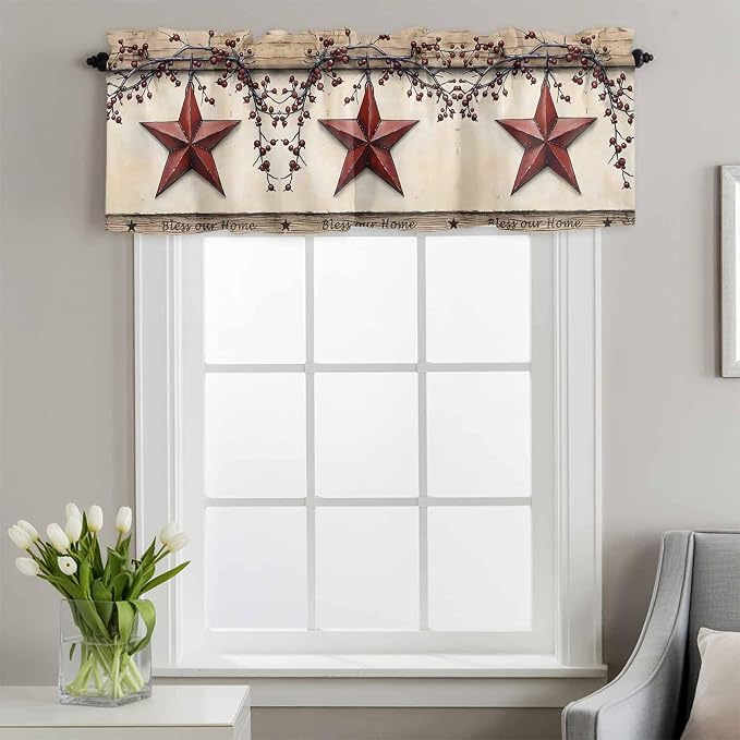 Farmhouse American Valances for Windows, Country Star Berries Vintage Wood - Image 2