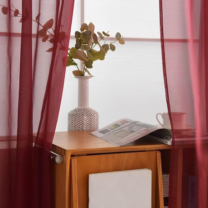 SpaceDresser Burgundy Sheer Curtains 4 Panels Rod Pocket Semi-Sheer Curtain 54 Inches Long Light Filtering Voile Window Drapes for Bedroom Living Room Kitchen, Each 52W x54L