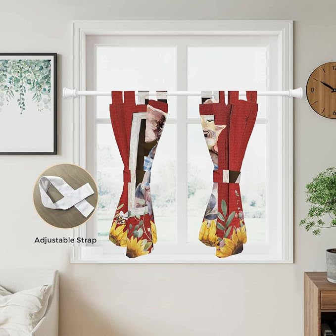 Pig Sunflowers Kitchen Curtains 45 Inch Length, Short Cafe Window Curtains Tab - Image 5