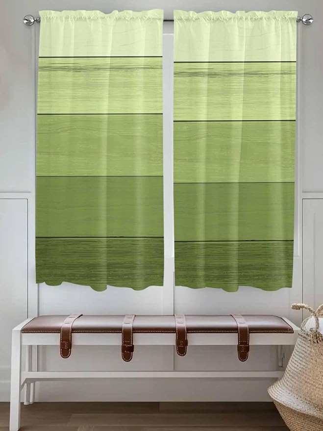 Gradient Green Wooden Board Window Valance Curtains, Retro Country Wood Grain - Image 2