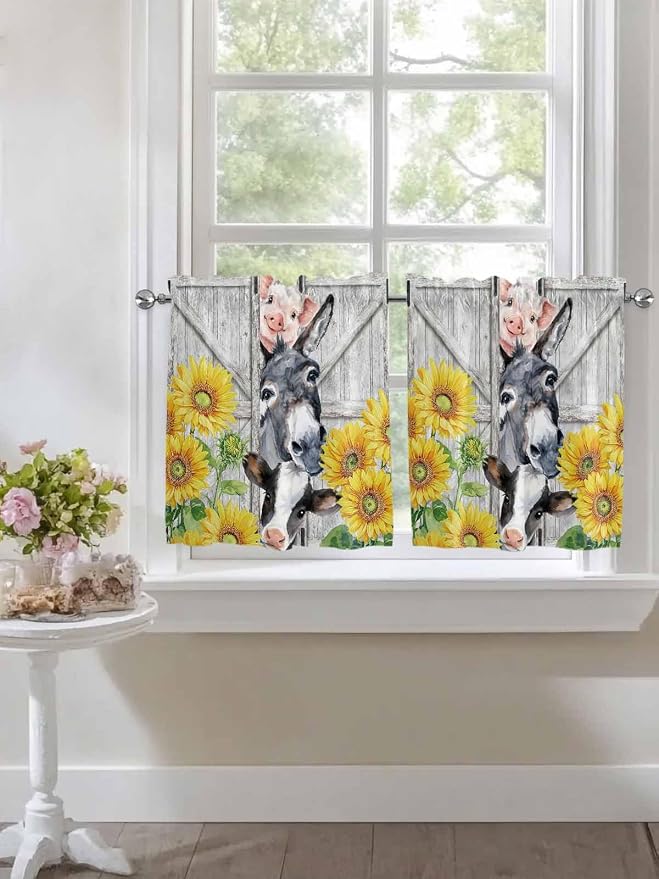Farmhouse Half Window Curtains 24 Inches Long, Watercolor Sunflowers Animals - Image 7