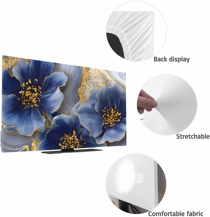 Watercolor Blue Flower Abstract Gold Indoor TV Cover, Elastic TV Screen - Image 7