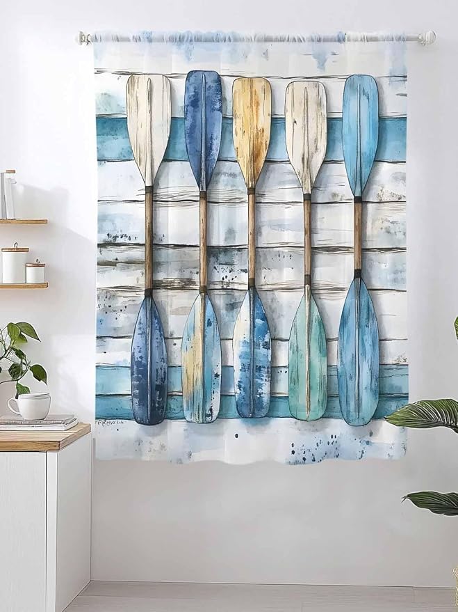 Sheer Curtains 63 Inch Length, Lake Paddle Striped Semi Sheer Curtains Light - Image 2