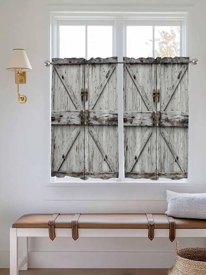 Vintage Gate Kitchen Curtains 54 Inches Length, Farmhouse Wooden Grain Shabby - Image 4