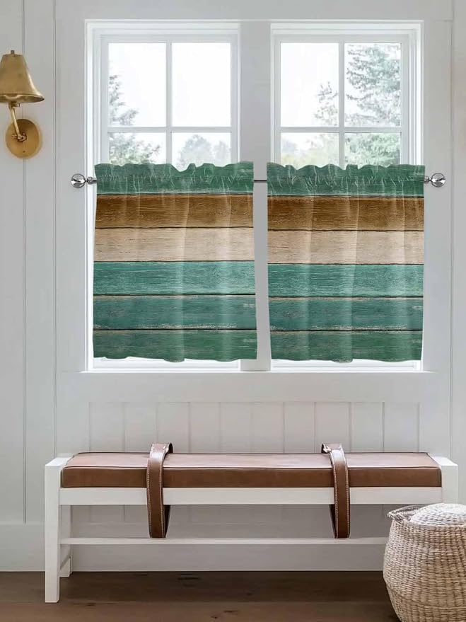 Vintage Plank Turquoise Brown Window Valance Curtains, Farmhouse Wood Grain - Image 2