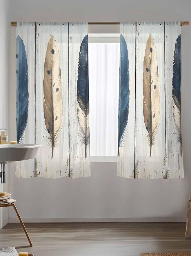Sheer Curtains 72 Inches Long, Farmhouse Feather Semi Sheer Curtains Light - Image 5