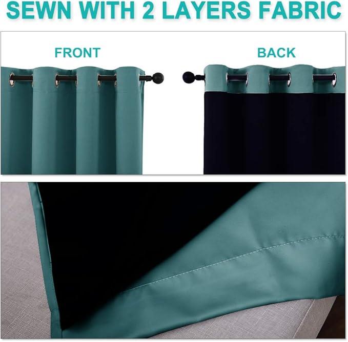 NICETOWN 100% Blackout Short Curtains with Black Liners, 2 Panels, 37" W by 63" L, Sea Teal, Solid Thermal Insulated Full Blackout 2-Layer Lined Drapes, Energy Efficiency Window Draperies for Bedroom