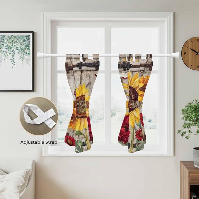 Sunflowers Kitchen Curtains 45 Inch Length, Short Cafe Window Curtains Tab Top - Image 5