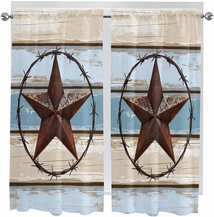 Vintage Western Star on Wood Grain Window Valance Curtains, Retro Wooden - Image 9