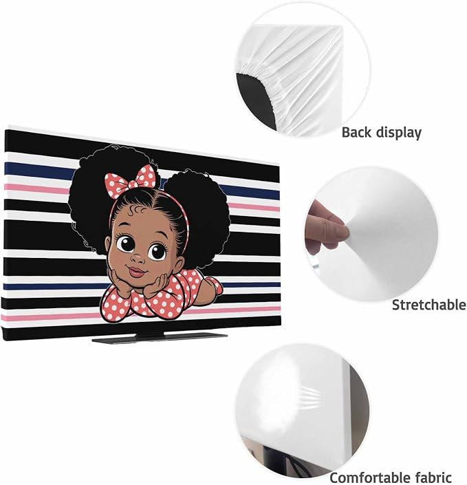 Cute Girl on Abstract Stripe Indoor TV Cover, Elastic TV Screen Protector Black - Image 7