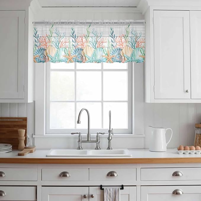 Summer Beach Sheer Valance Curtains, Ocean Colorful Coral Shell Seaweed - Image 2