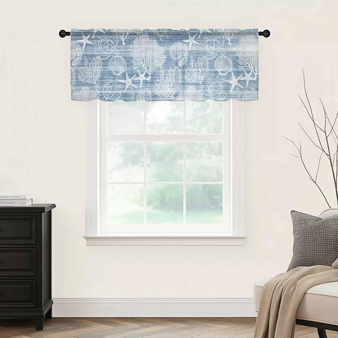 Haze Blue Retro Summer Sheer Valance Curtains, Sea Turtle Starfish Coral Ocean - Image 5