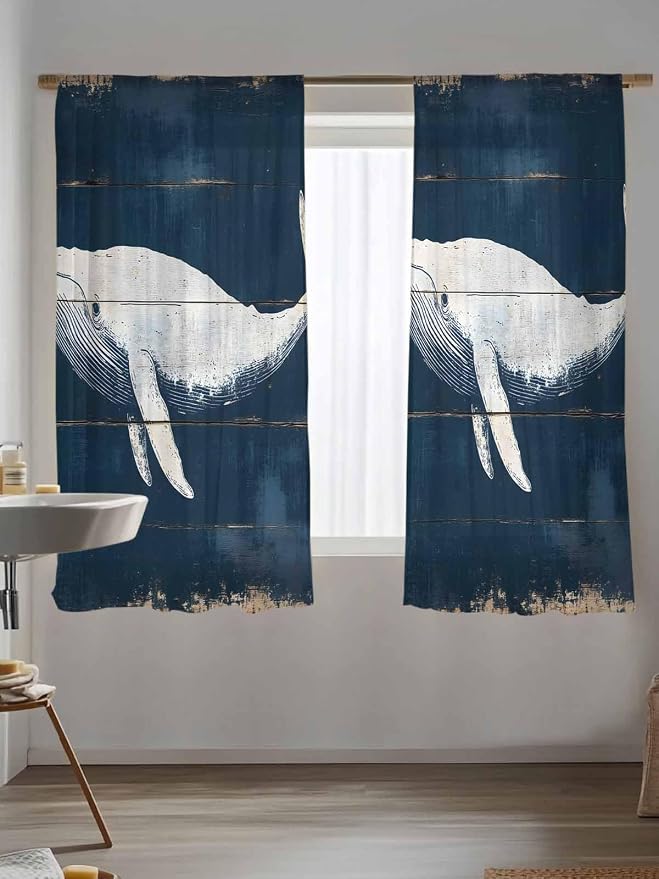Sheer Curtains 63 Inch Length, Ocean Whale Blue Semi Sheer Curtains Light - Image 5