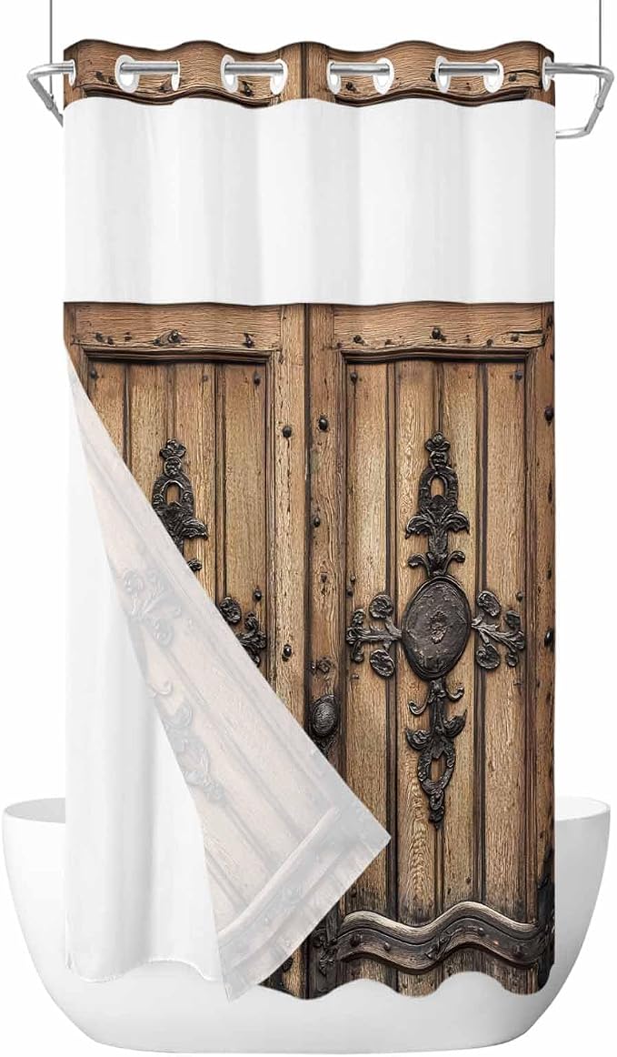 Wood Barn Door No Hook Shower Curtain by HELLOWINK