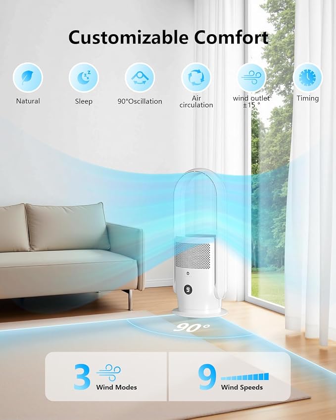 ULTTY Bladeless Tower Fan for Bedroom, Ultra Quiet Standing Fan, 9 Speeds 3 - Image 2