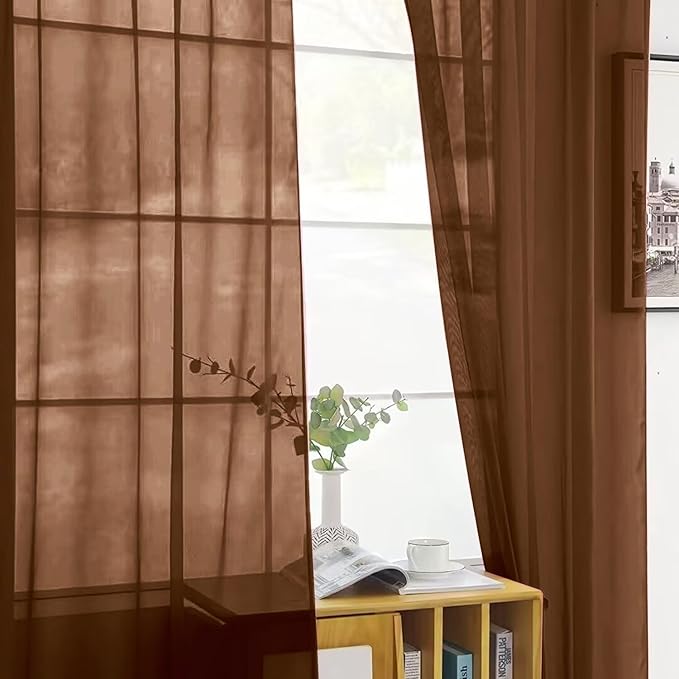 SpaceDresser Sheer Voile Window Treatment Rod Pocket Curtain Panels for Kitchen Bedroom Living Room Drapes Sunlight Filtering Privacy Semi Home Decor Assorted (Brown, 52 W x 96 L)