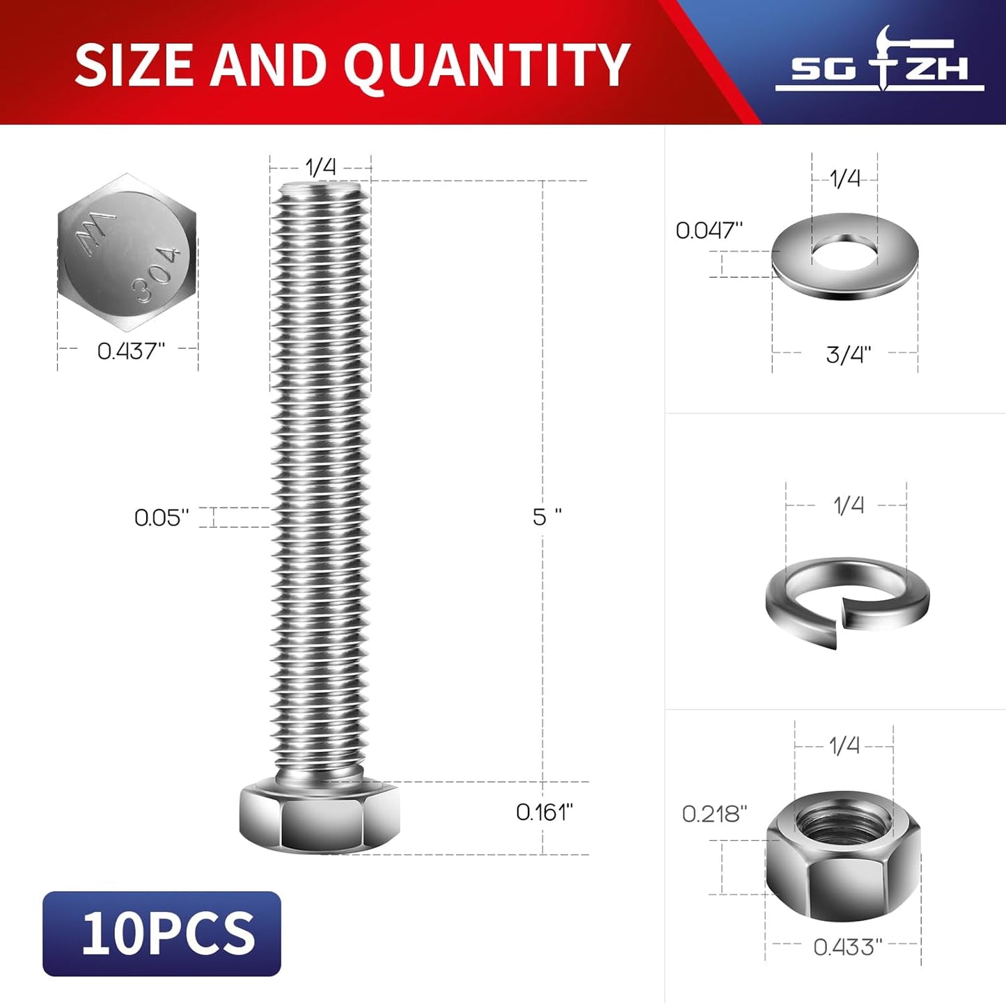 1/4-20 x 5" Hex Head Screw Bolt, Nuts, Flat & Lock Washers, 10Pcs 18-8 (304) Stainless Steel, Fully Threaded, by SG TZH