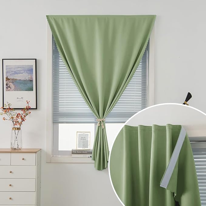 Magic Tape Blackout Curtains for Bedroom No Drillng Self Adhesive Curtains No Rod Small Window, 47" W X 79" L, Sage Green, 1 Panel