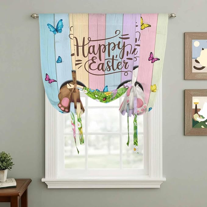 Tie Up Curtains, Happy Easter Rabbit Butt Egg on Daisy Leaf Adjustable Rod by Unknown