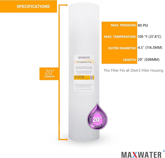 Max Water 10 Micron 20 x 4.5 Sediment Filter 20 inch Whole House BB Water - Image 2