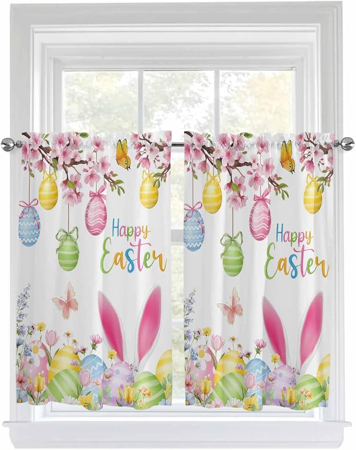 Happy Easter Tier Curtains 45 Inches Long, Spring Watercolor Bunny Eggs Flower by Unknown