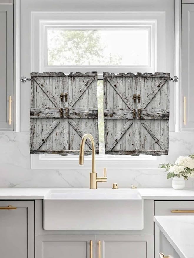 Vintage Gate Half Window Curtains 24 Inches Long, Farmhouse Wooden Grain Shabby - Image 3
