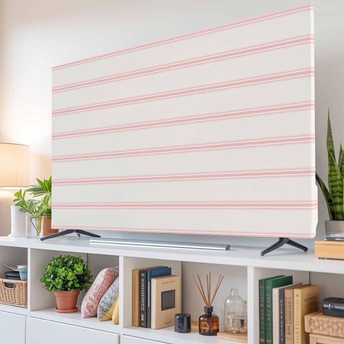 Minimalist Pink Stripe on Beige Indoor TV Cover, Elastic TV Screen Protector - Image 6
