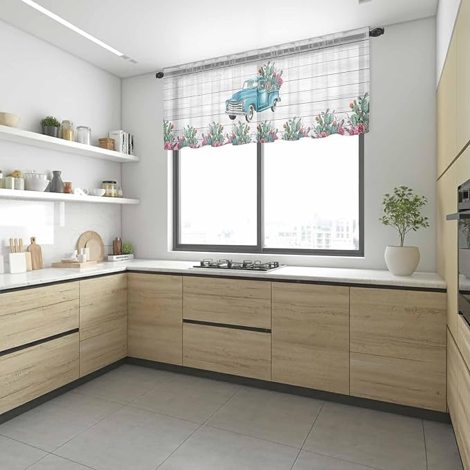 Farmhouse Sheer Valance Curtains, Summer Blue Car - Image 6