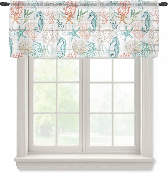 Teal Seahorse Starfish Sheer Valance Curtains, Summer Beach Coral Shell Board by Houseown