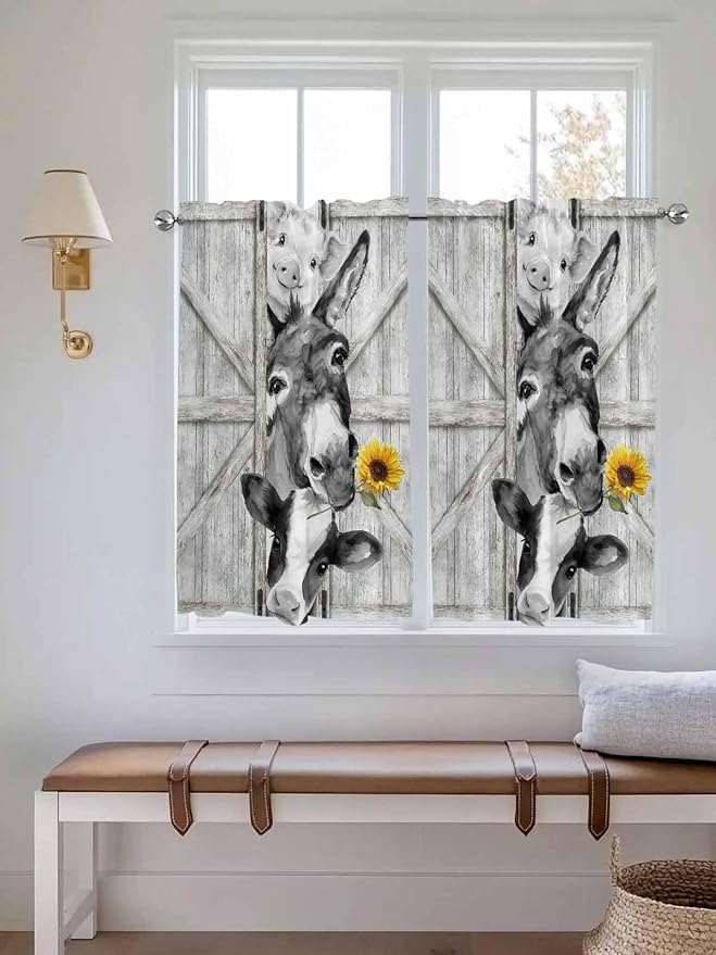 Grey Farmhouse Tier Curtains 45 Inches Long, Vintage Sunflowers Animals Printed - Image 4