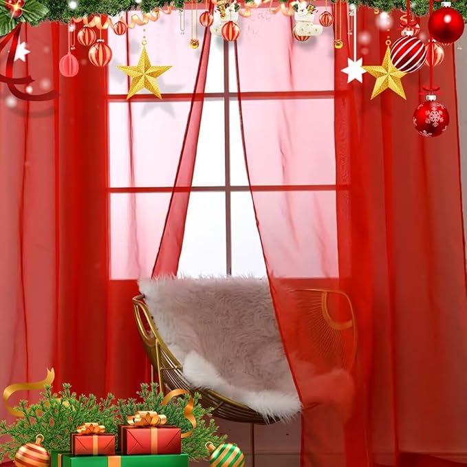 SpaceDresser Basic Rod Pocket Sheer Voile Window Curtain Panels White 1 Pair 2 Panels 42 Width 84 Inch Long for Kitchen Bedroom Children Living Room Yard(Red,42 W x 84 L)