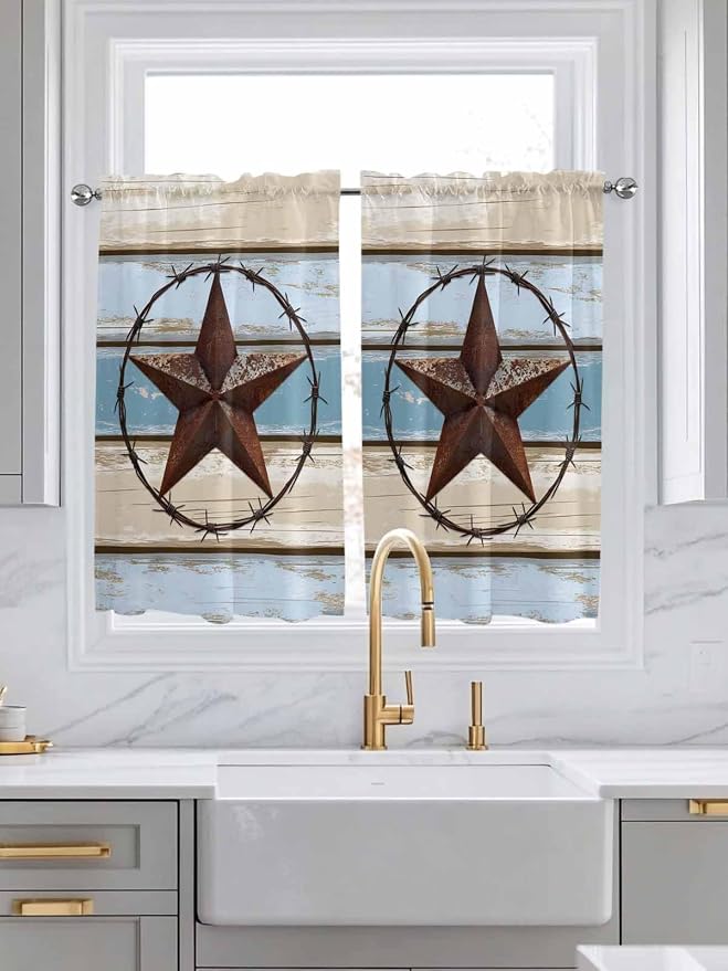 Vintage Western Star on Wood Grain Window Valance Curtains, Retro Wooden - Image 2