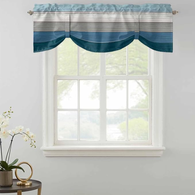 Blue Ombre Wooden Tie Up Valance Curtains - Image 2