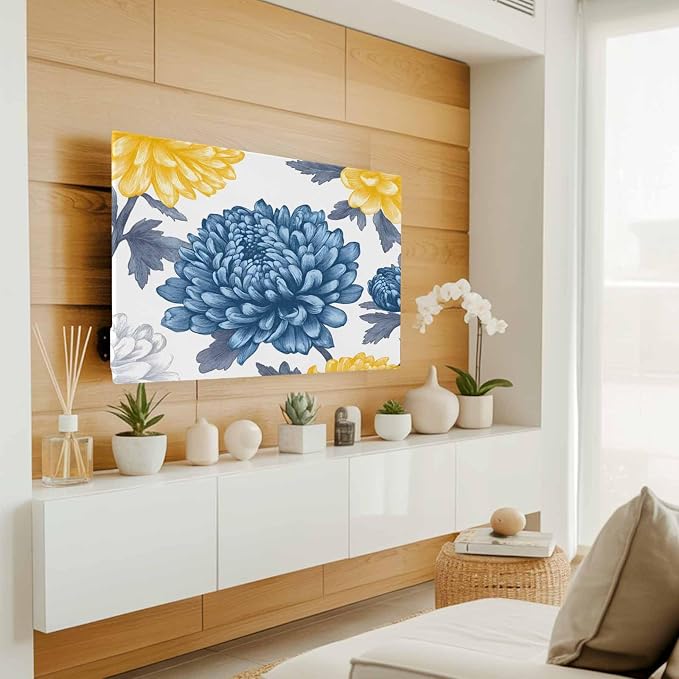 Pastoral White Blue Yellow Flower Indoor TV Cover, Elastic TV Screen Protector - Image 3