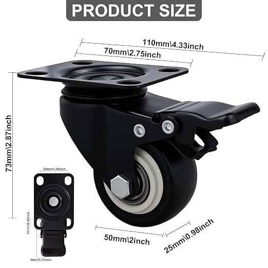 2 Inch Caster Wheels Set of 8, Heavy Duty Casters, - Image 2