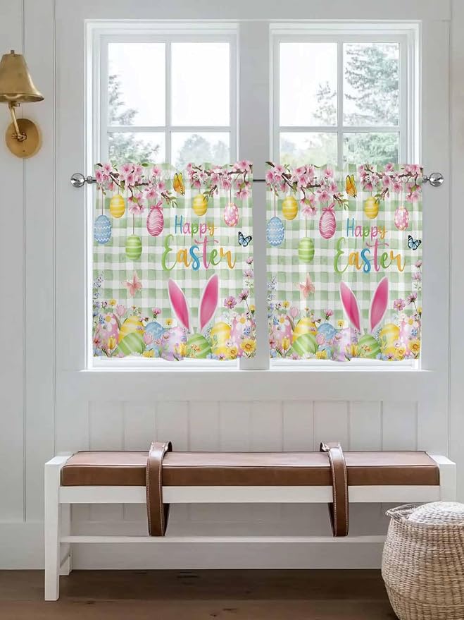 Happy Easter Half Window Curtain 36 Inches Long, Spring Bunny Eggs Flower Sage - Image 4