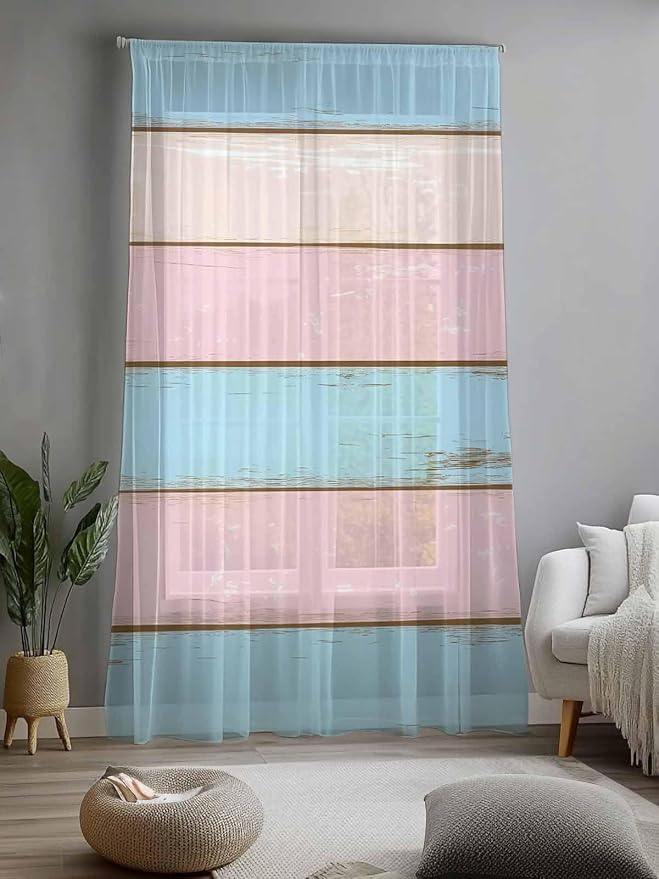 Sheer Curtains 96 Inches Long, Farmhouse Country Shabby Striped Privacy Voile - Image 2