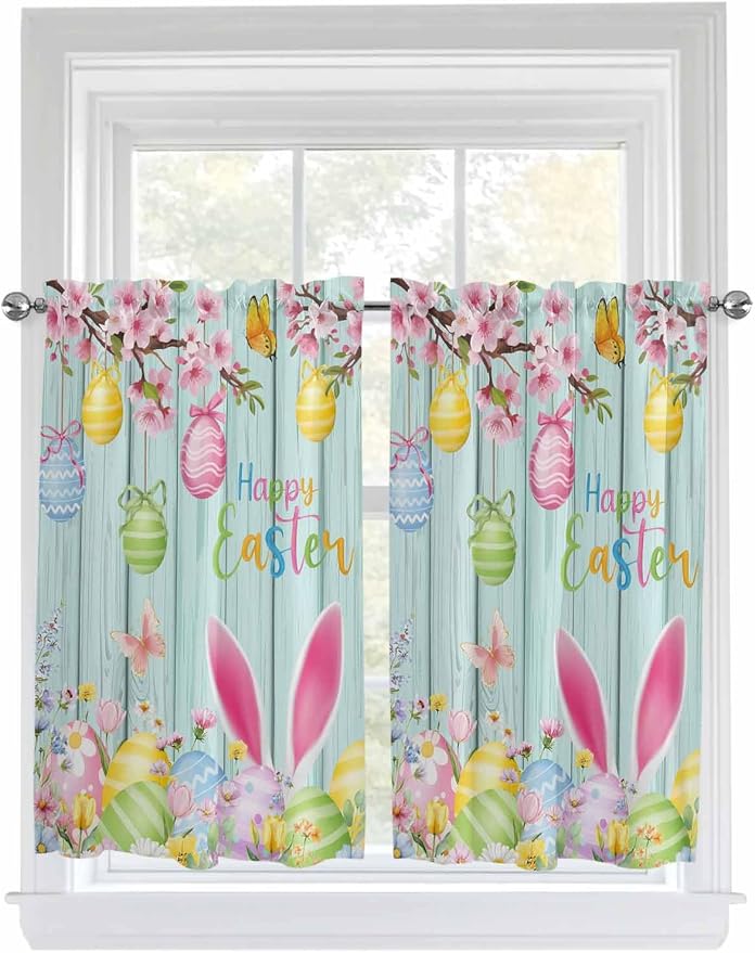 Happy Easter Kitchen Curtains 54 Inches Length, Spring Bunny Eggs Flower Teal by Unknown