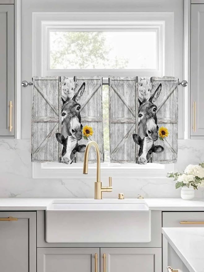 Grey Farmhouse Half Window Curtains 24 Inches Long, Vintage Sunflowers Animals - Image 3
